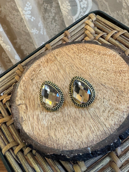 Smoky Teardrop Stud Earrings – Vintage-Inspired Gold Tone Elegance