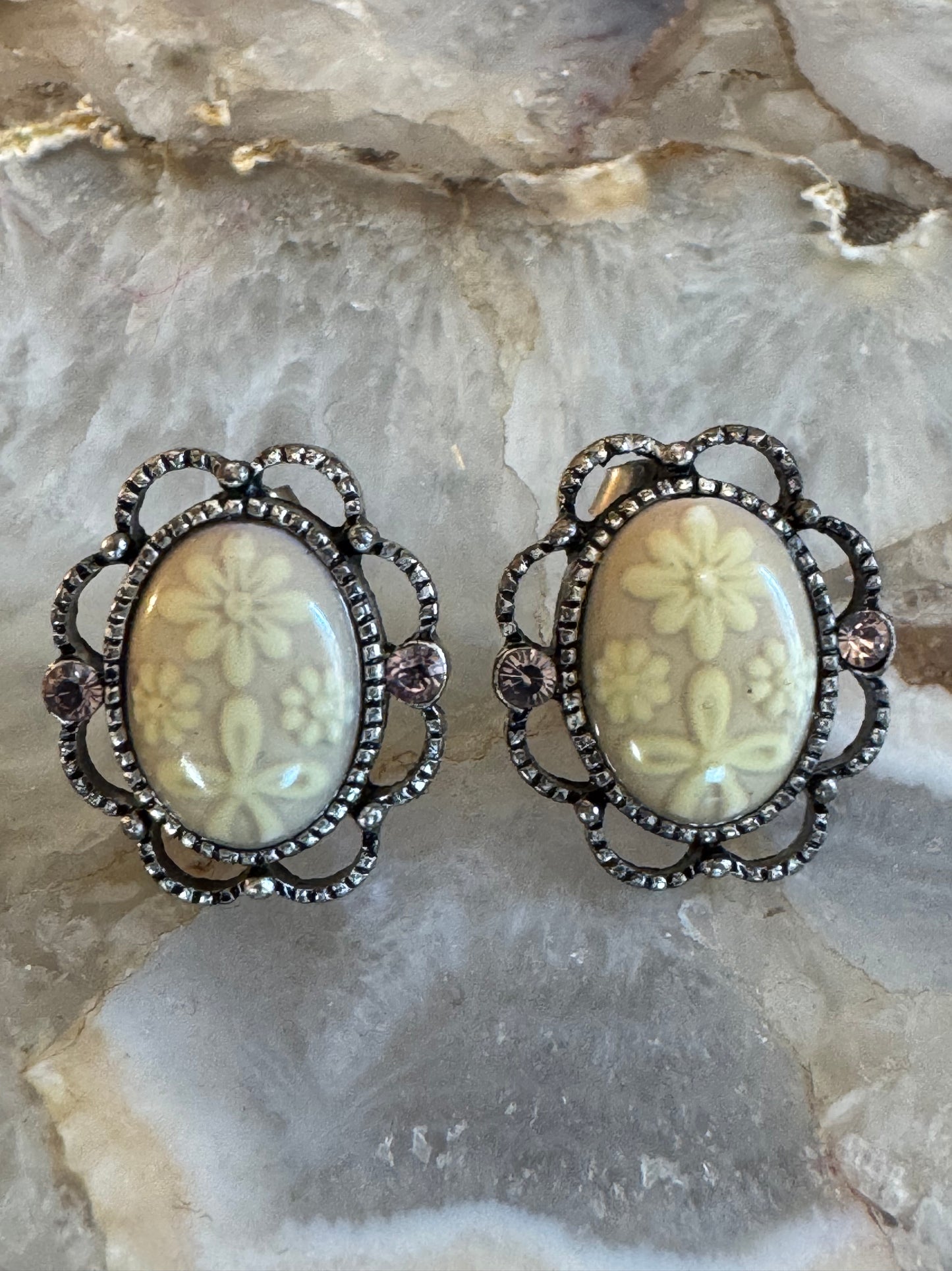 1928 Floral Cameo Earrings – Vintage Victorian Revival Elegance