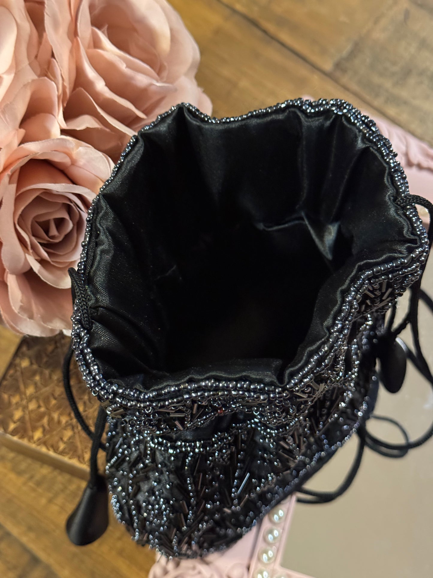 Vintage Black Beaded Drawstring Evening Bag