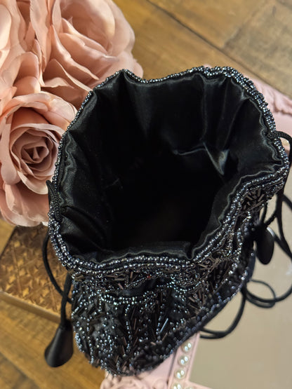 Vintage Black Beaded Drawstring Evening Bag