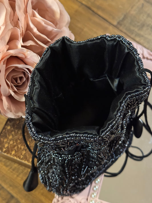 Vintage Black Beaded Drawstring Evening Bag