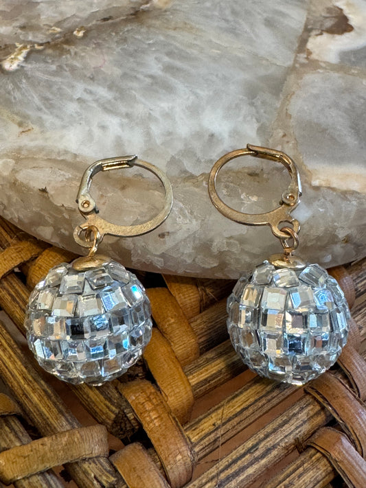 Disco Ball Drop Earrings – Retro 70s Glam Sparkle