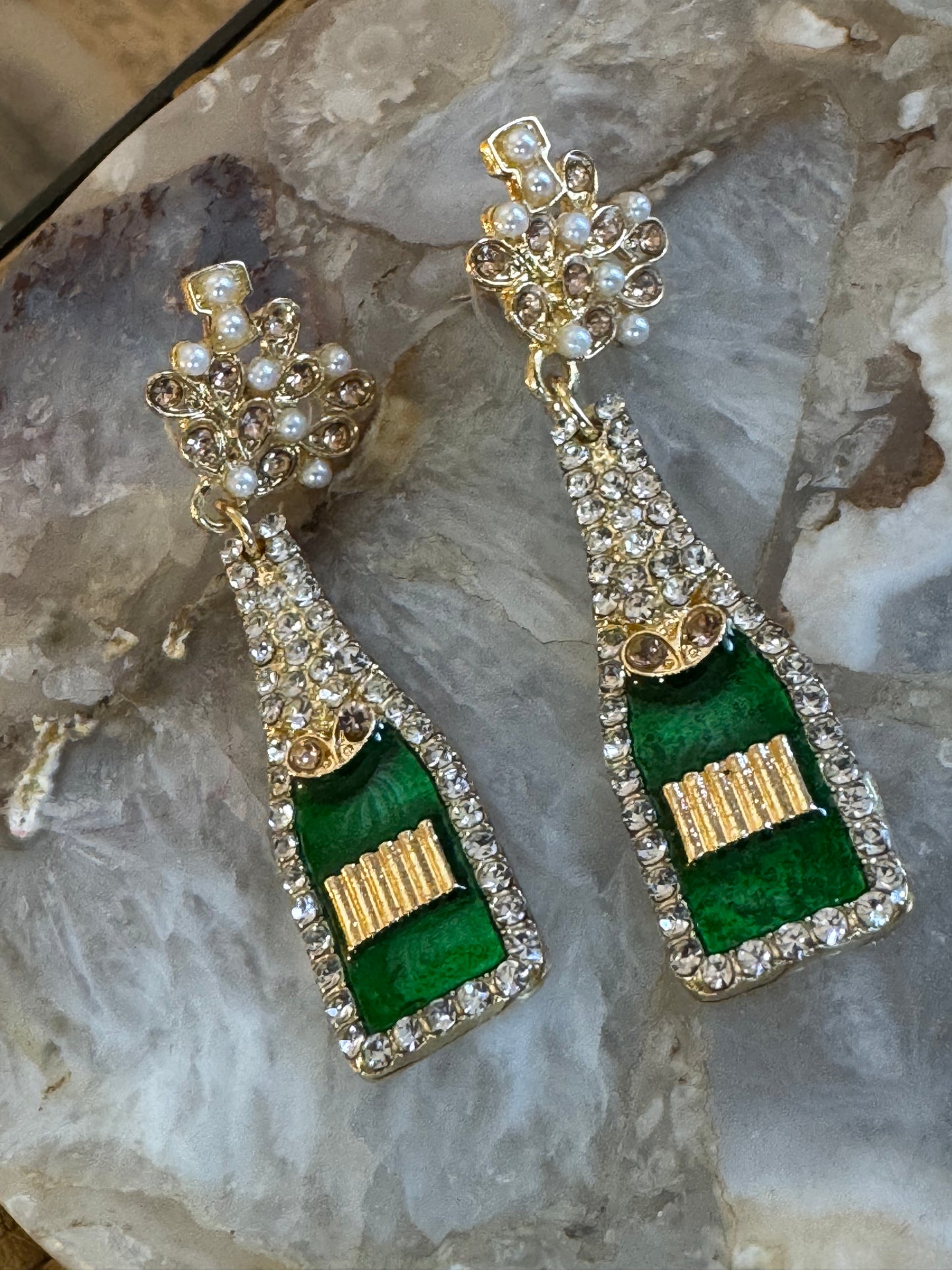 Champagne Bottle Statement Earrings – Festive Sparkle in Green & Gold