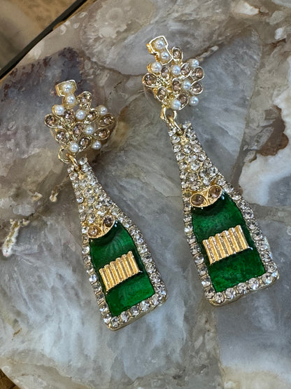 Champagne Bottle Statement Earrings – Festive Sparkle in Green & Gold