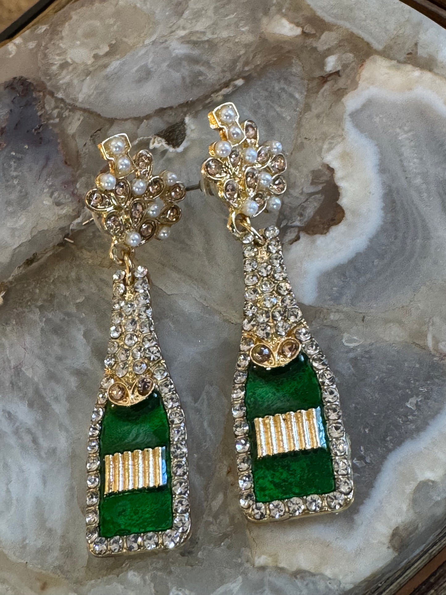 Champagne Bottle Statement Earrings – Festive Sparkle in Green & Gold