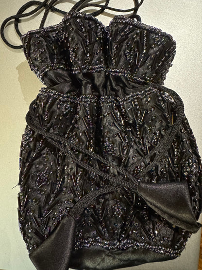 Vintage Black Beaded Drawstring Evening Bag