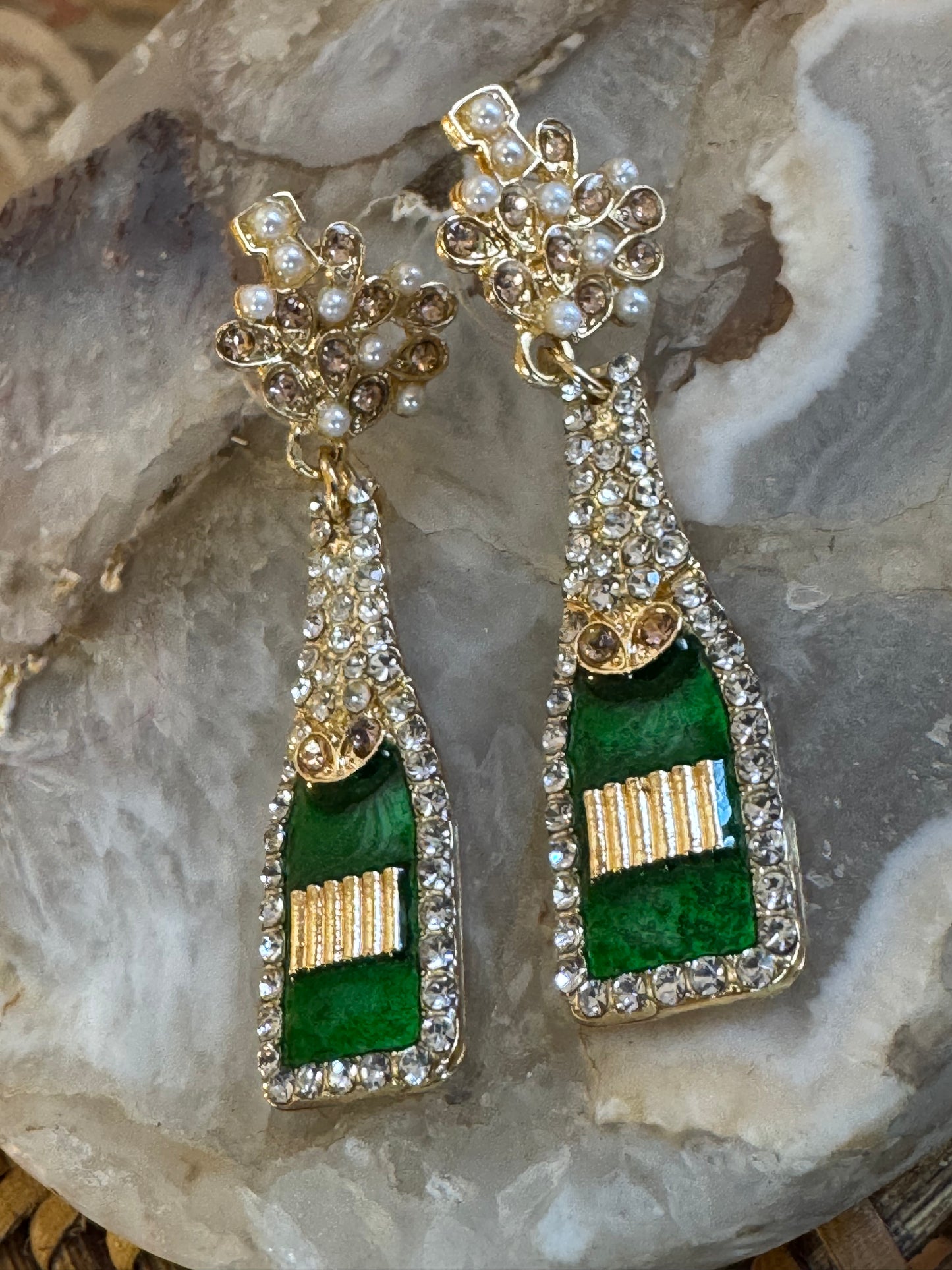 Champagne Bottle Statement Earrings – Festive Sparkle in Green & Gold