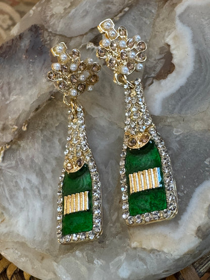 Champagne Bottle Statement Earrings – Festive Sparkle in Green & Gold