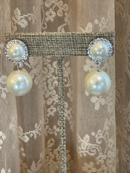 Classic Faux Pearl Drop Earrings – Rhinestone Halo Bridal Elegance