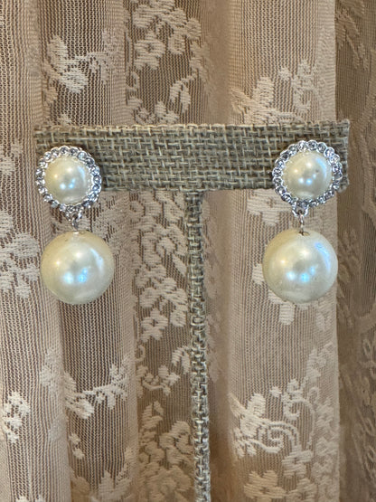 Classic Faux Pearl Drop Earrings – Rhinestone Halo Bridal Elegance