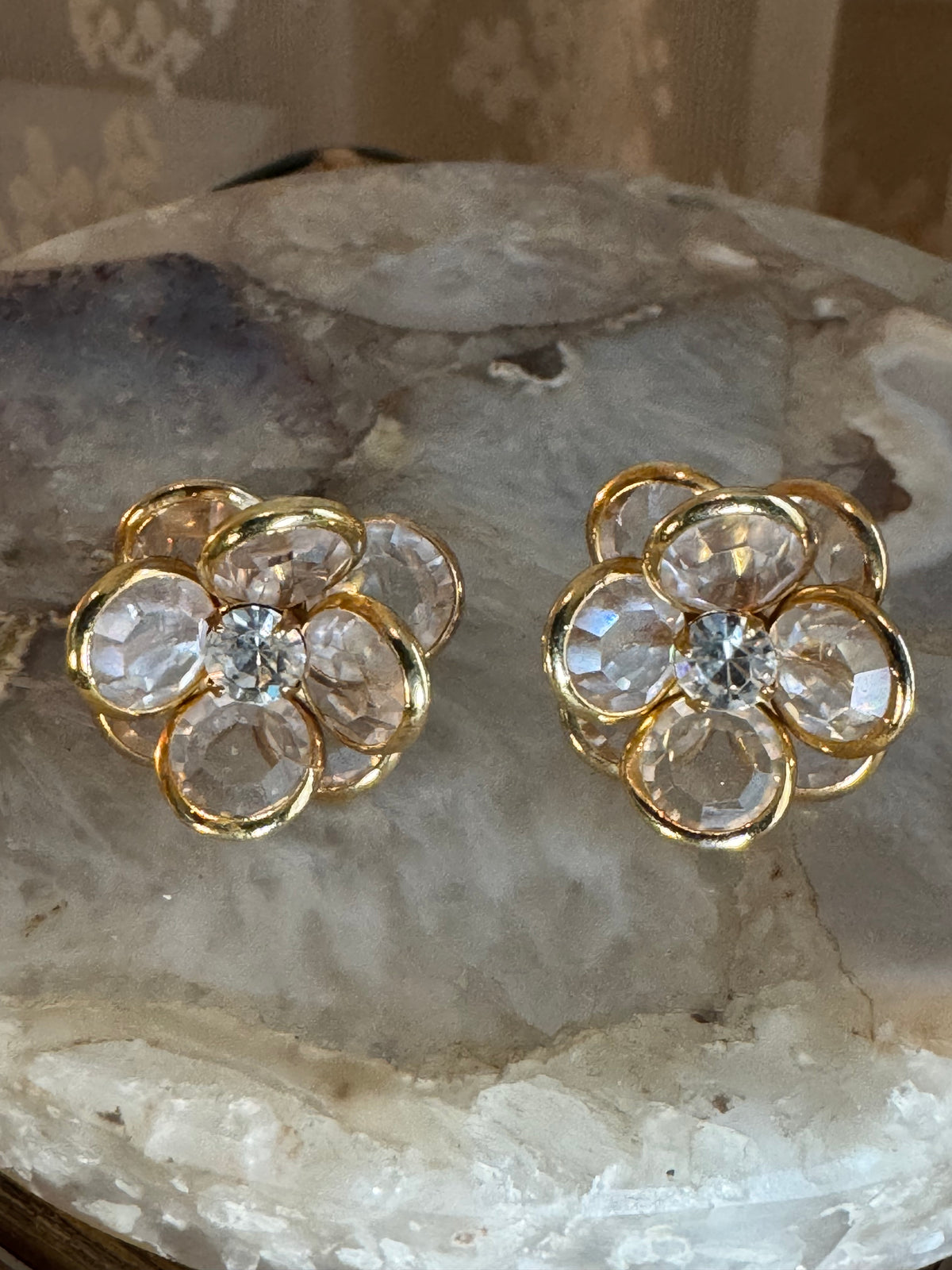 Vintage Gold Tone and Crystal Flower Earrings