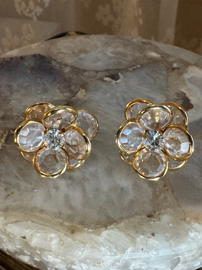 Vintage Gold Tone and Crystal Flower Earrings