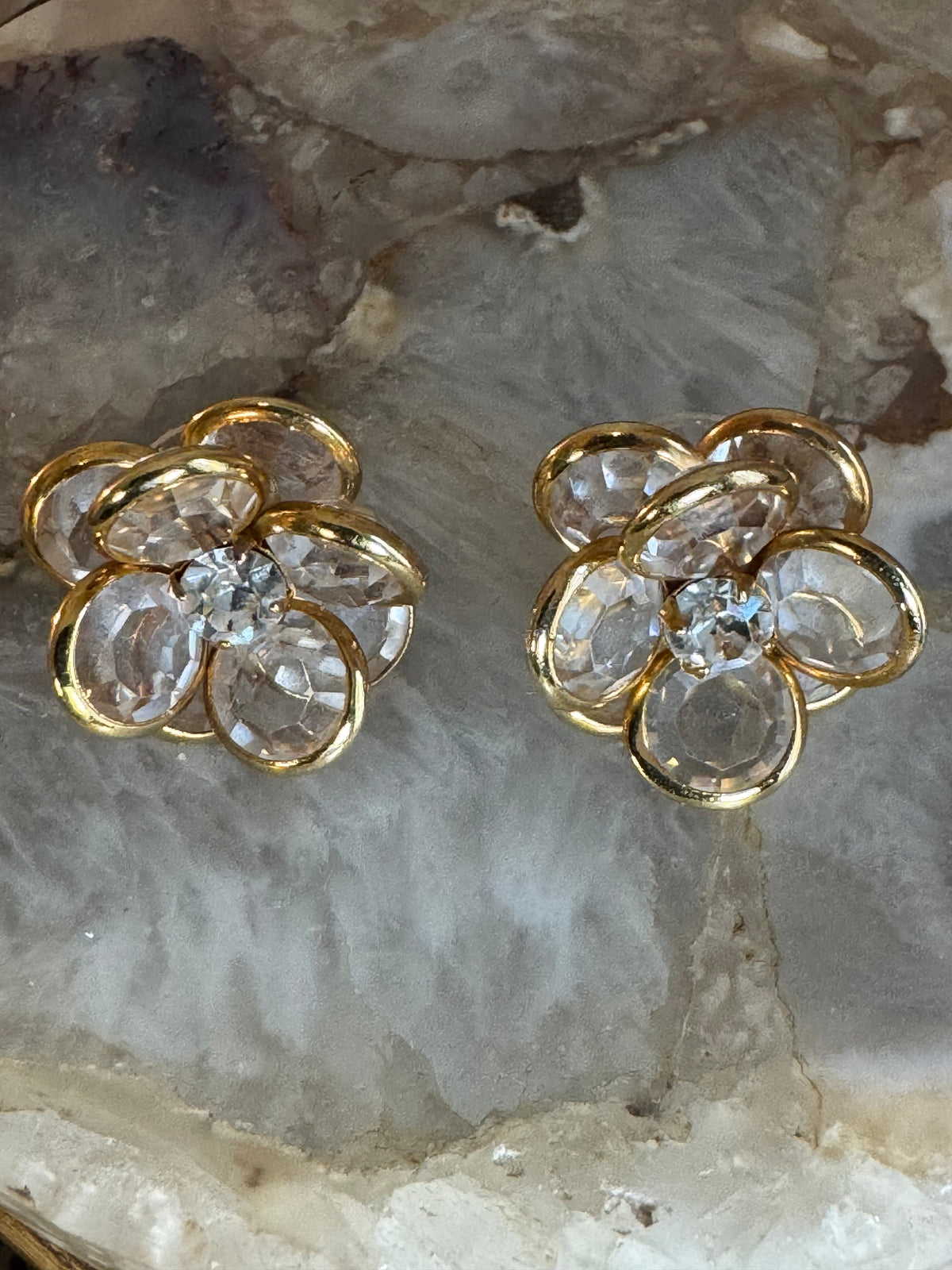 Vintage Gold Tone and Crystal Flower Earrings