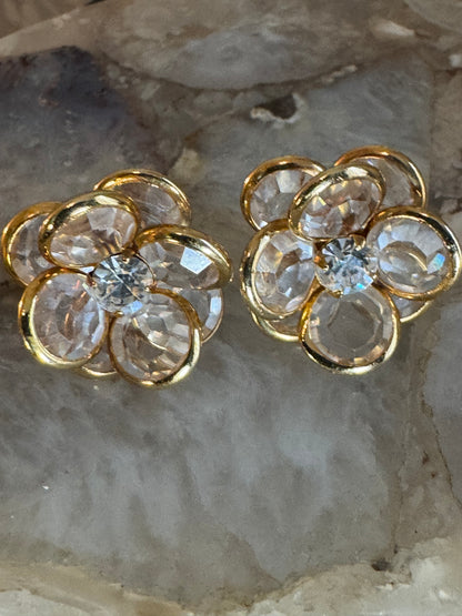Vintage Gold Tone and Crystal Flower Earrings