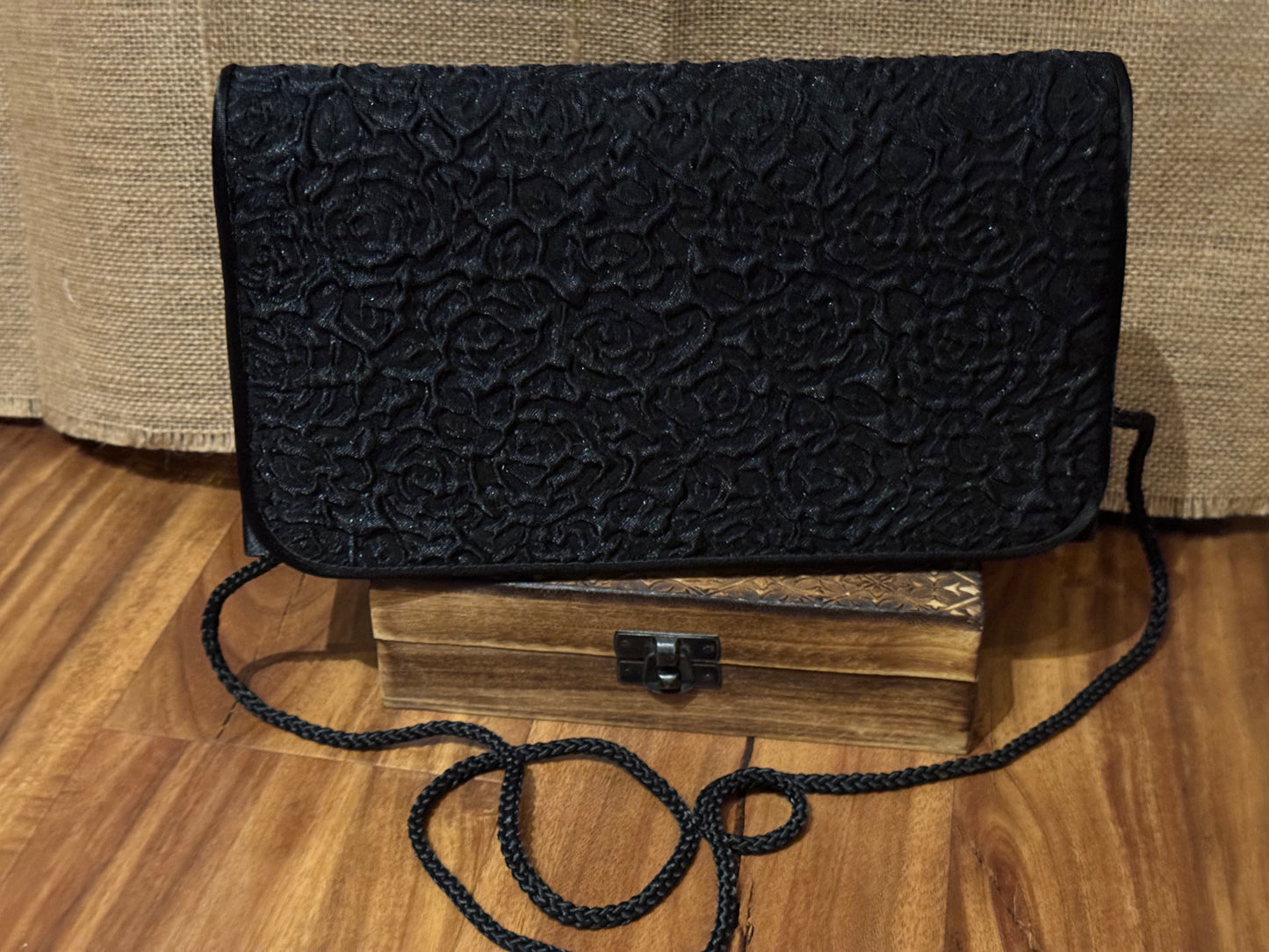 Black Embossed Floral Clutch Evening Bag