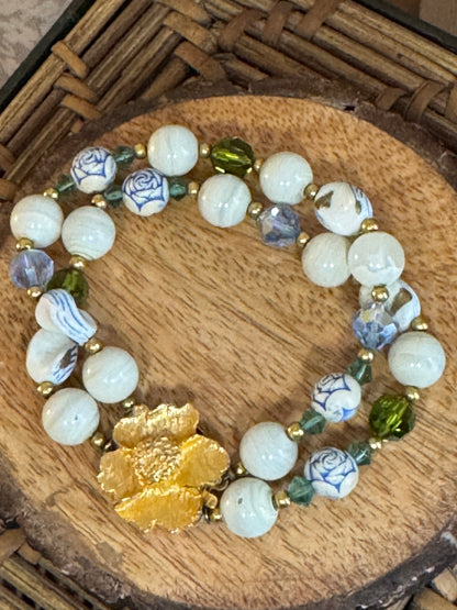 Vintage White & Blue Beads and Gold Tone Flower Clasp
