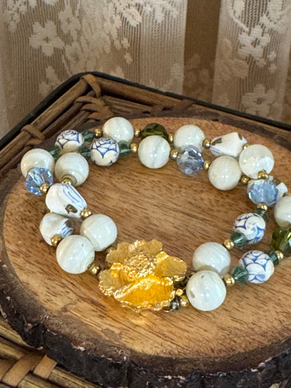 Vintage White & Blue Beads and Gold Tone Flower Clasp