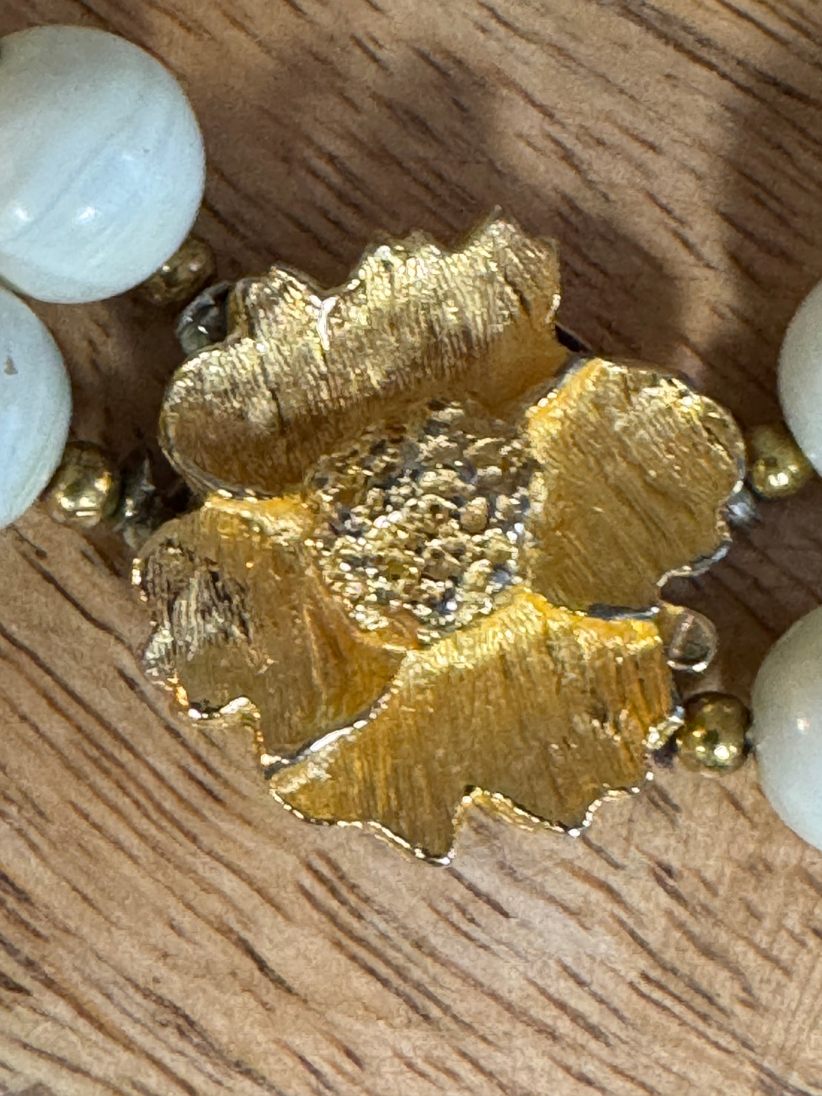 Vintage White & Blue Beads and Gold Tone Flower Clasp