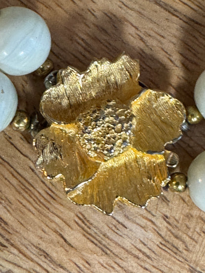 Vintage White & Blue Beads and Gold Tone Flower Clasp