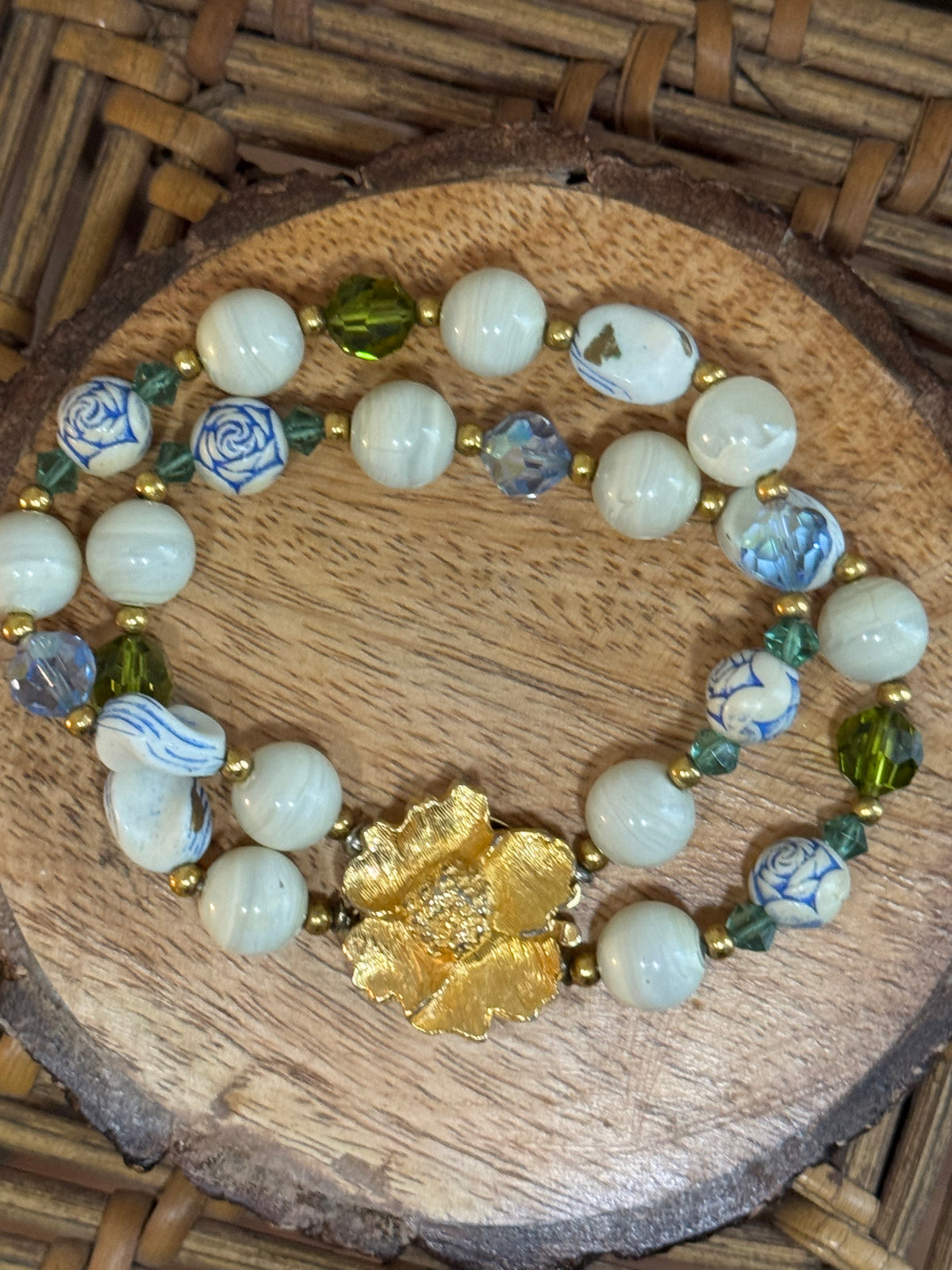 Vintage White & Blue Beads and Gold Tone Flower Clasp