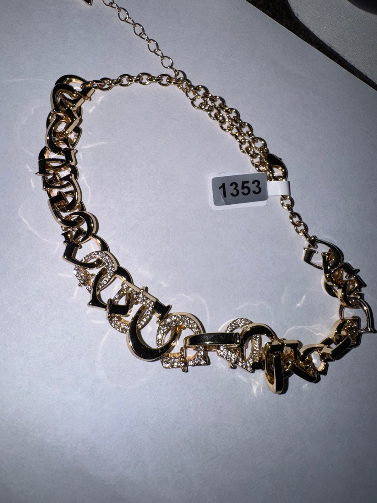 Signed Gold Tone Guess G Link Necklace with Pave Crystals