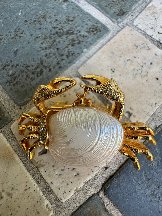 Vintage Gold-Tone Crab Brooch with Opalescent White Faux Shell Body & Clear Rhinestones