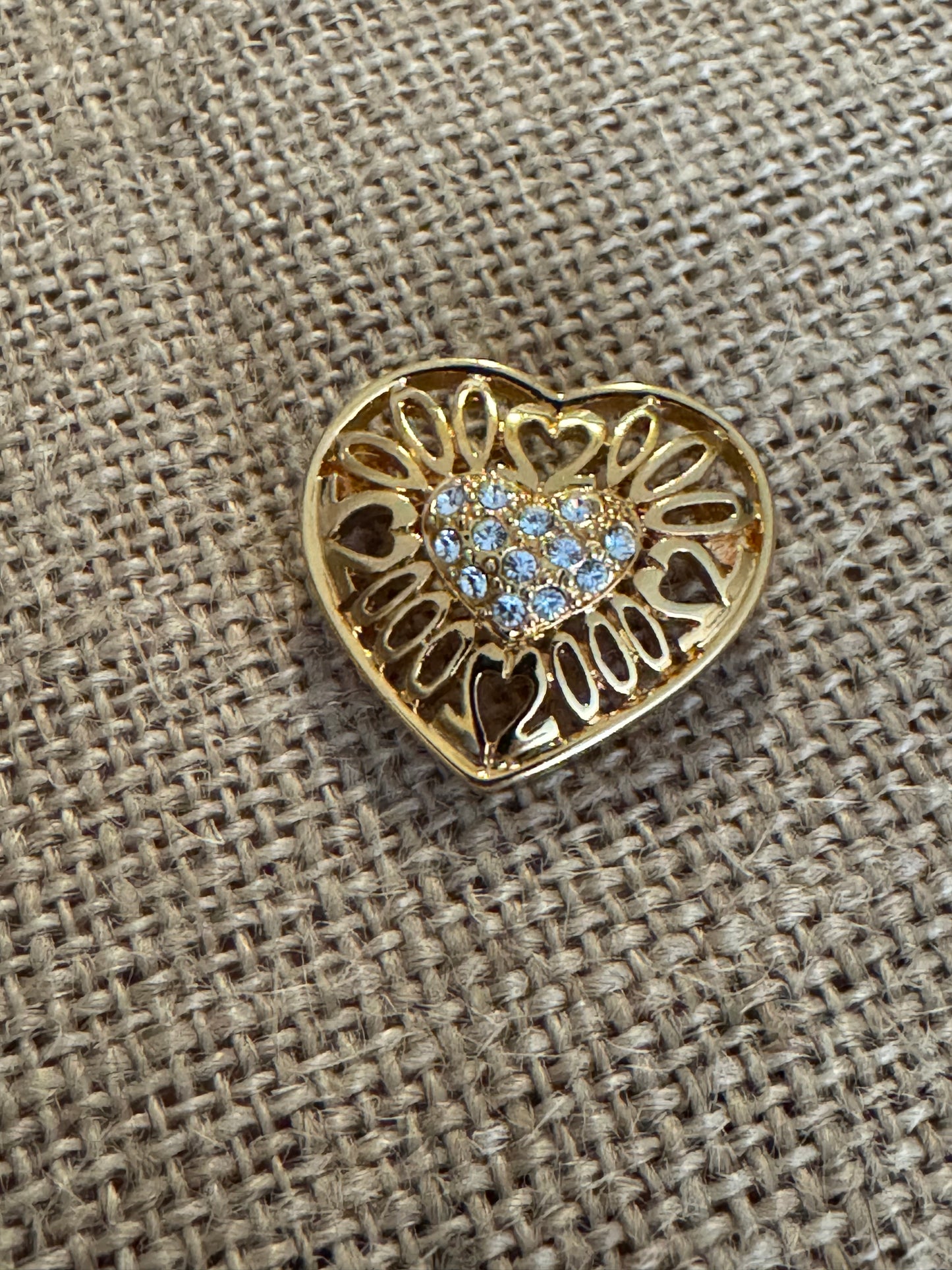 Vintage Boho 25th Wedding Anniversary Heart Brooch Pin – Gold with Clear Rhinestones -Rare Find