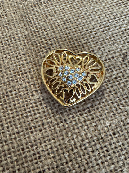 Vintage Boho 25th Wedding Anniversary Heart Brooch Pin – Gold with Clear Rhinestones -Rare Find