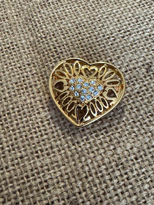 Vintage Boho 25th Wedding Anniversary Heart Brooch Pin – Gold with Clear Rhinestones -Rare Find