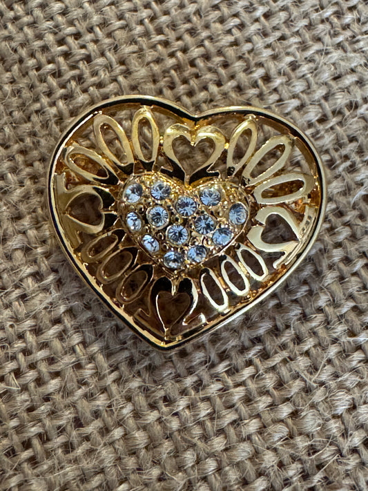 Vintage Boho 25th Wedding Anniversary Heart Brooch Pin – Gold with Clear Rhinestones -Rare Find