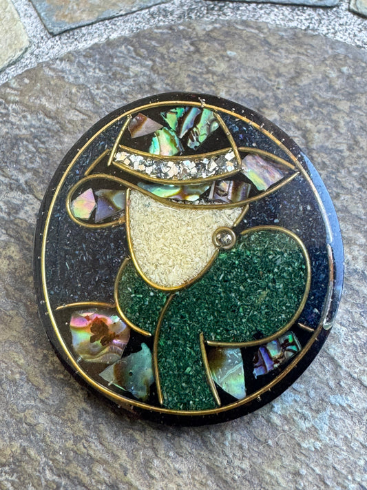 Vintage Lee Sands Mosaic Abalone & Crushed Stone Lady in Hat Brooch