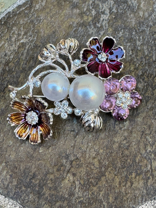 Enchanted Garden Enamel & Faux Pearl Floral Statement Brooch