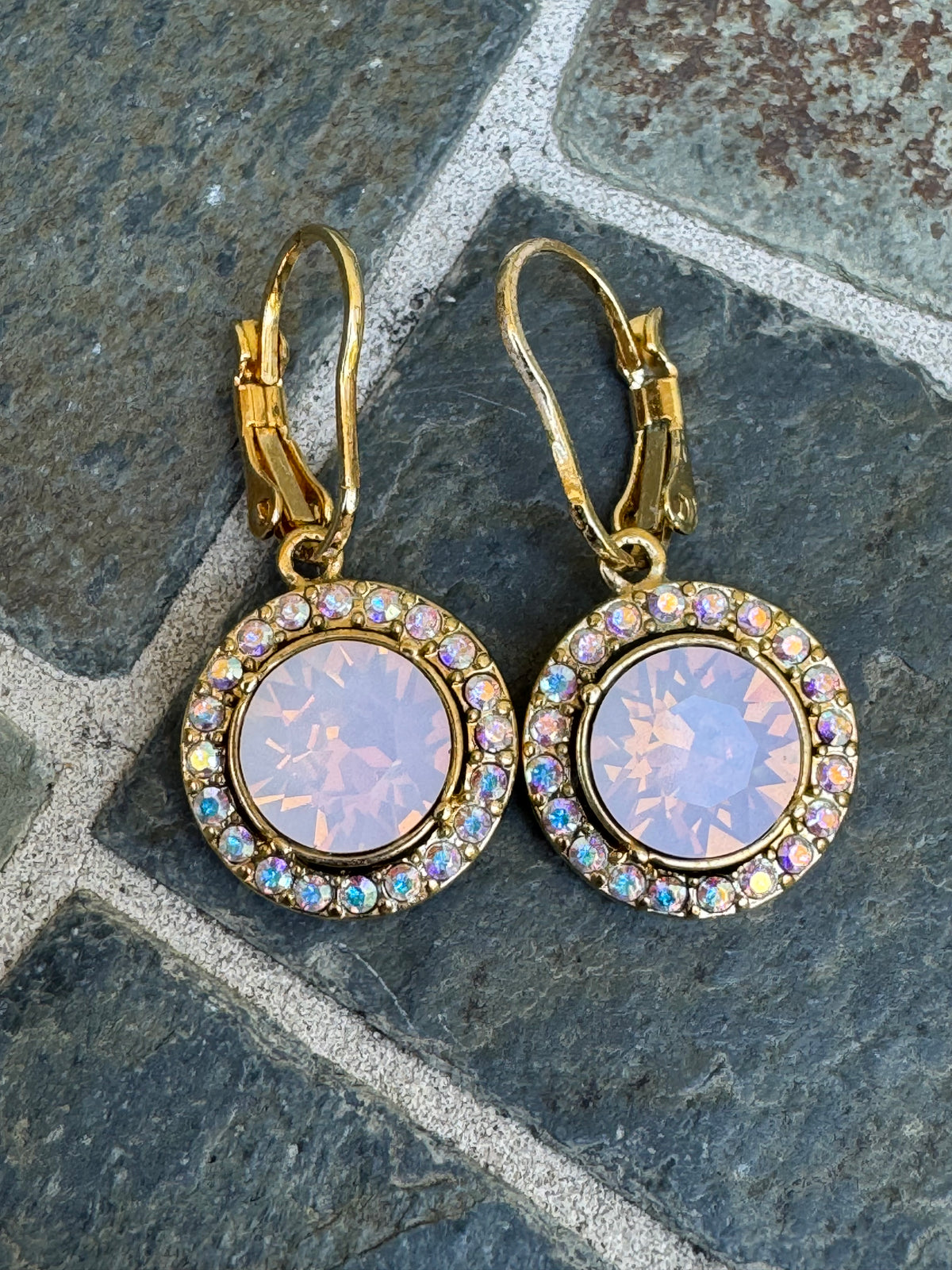 Vintage Rose Blush & Aurora Borealis Crystal Halo Leverback Earrings — Romantic Dangle Statement Drop