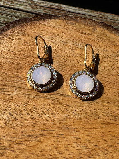 Vintage Rose Blush & Aurora Borealis Crystal Halo Leverback Earrings — Romantic Dangle Statement Drop