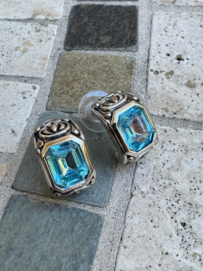 Vintage Bright Aquamarine Crystal Ornate Half-Hoop Earrings