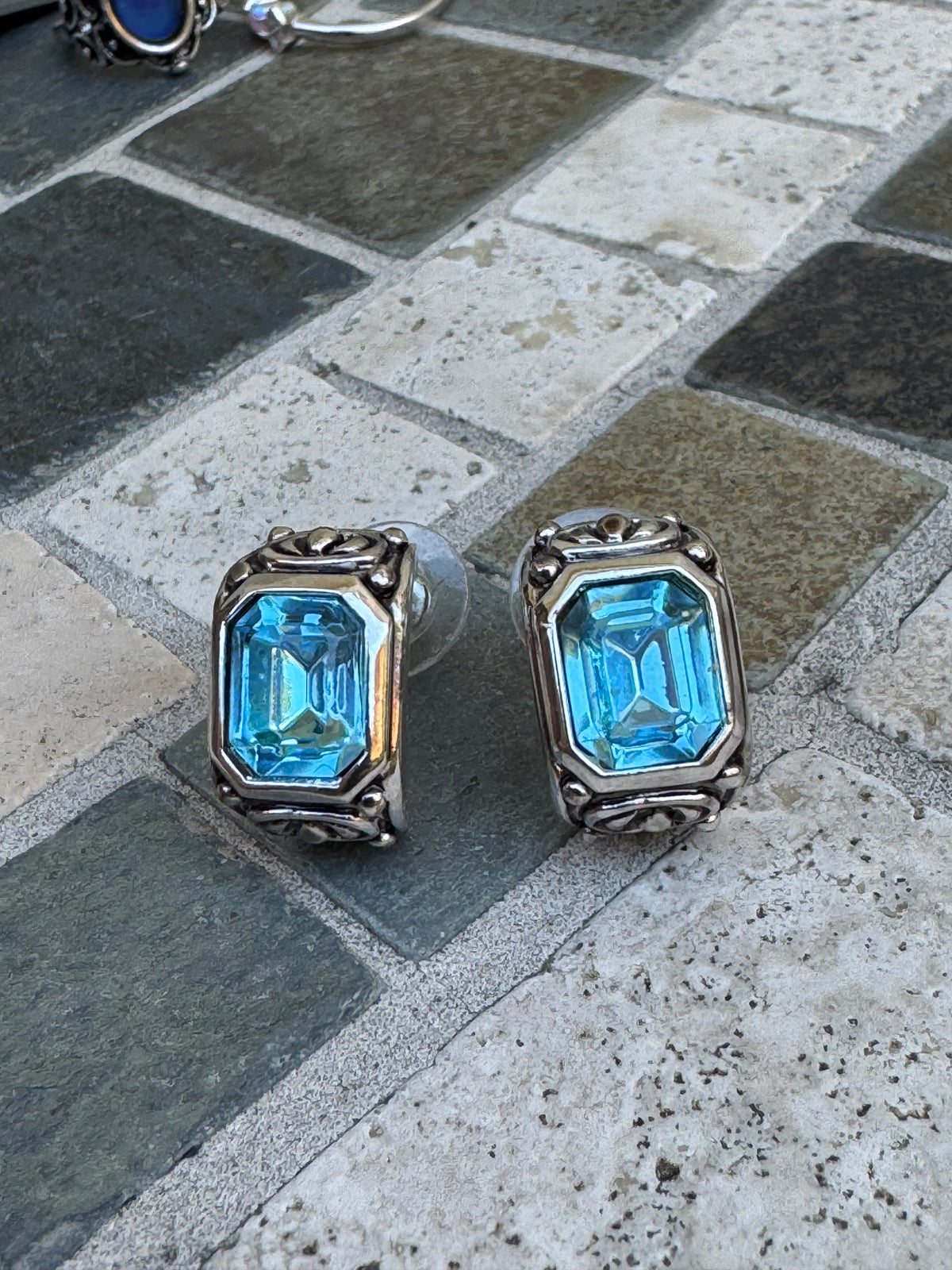 Vintage Bright Aquamarine Crystal Ornate Half-Hoop Earrings