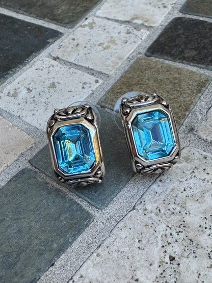 Vintage Bright Aquamarine Crystal Ornate Half-Hoop Earrings