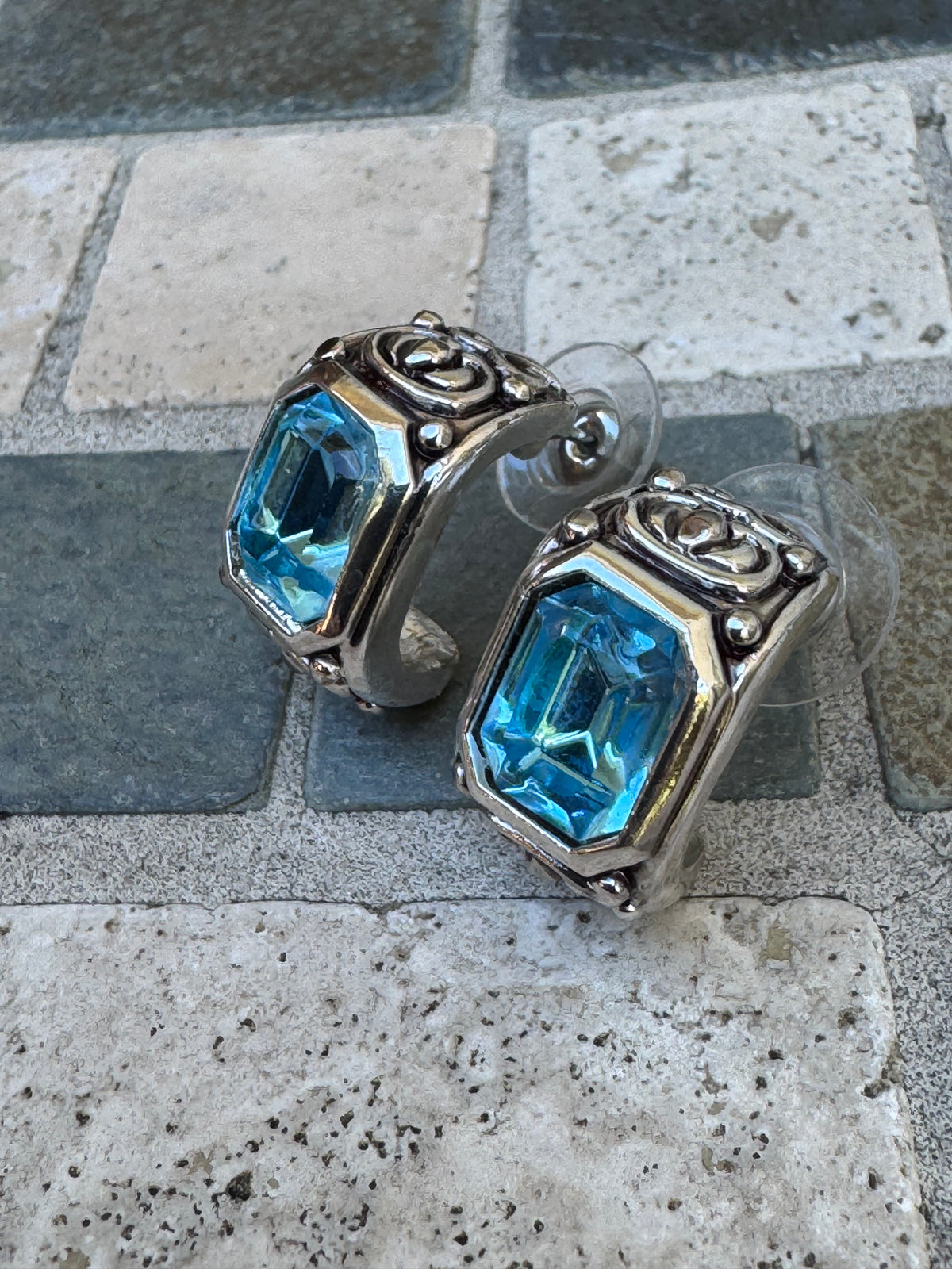 Vintage Bright Aquamarine Crystal Ornate Half-Hoop Earrings