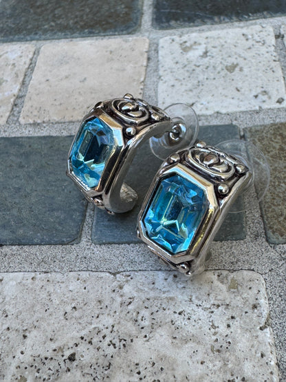 Vintage Bright Aquamarine Crystal Ornate Half-Hoop Earrings