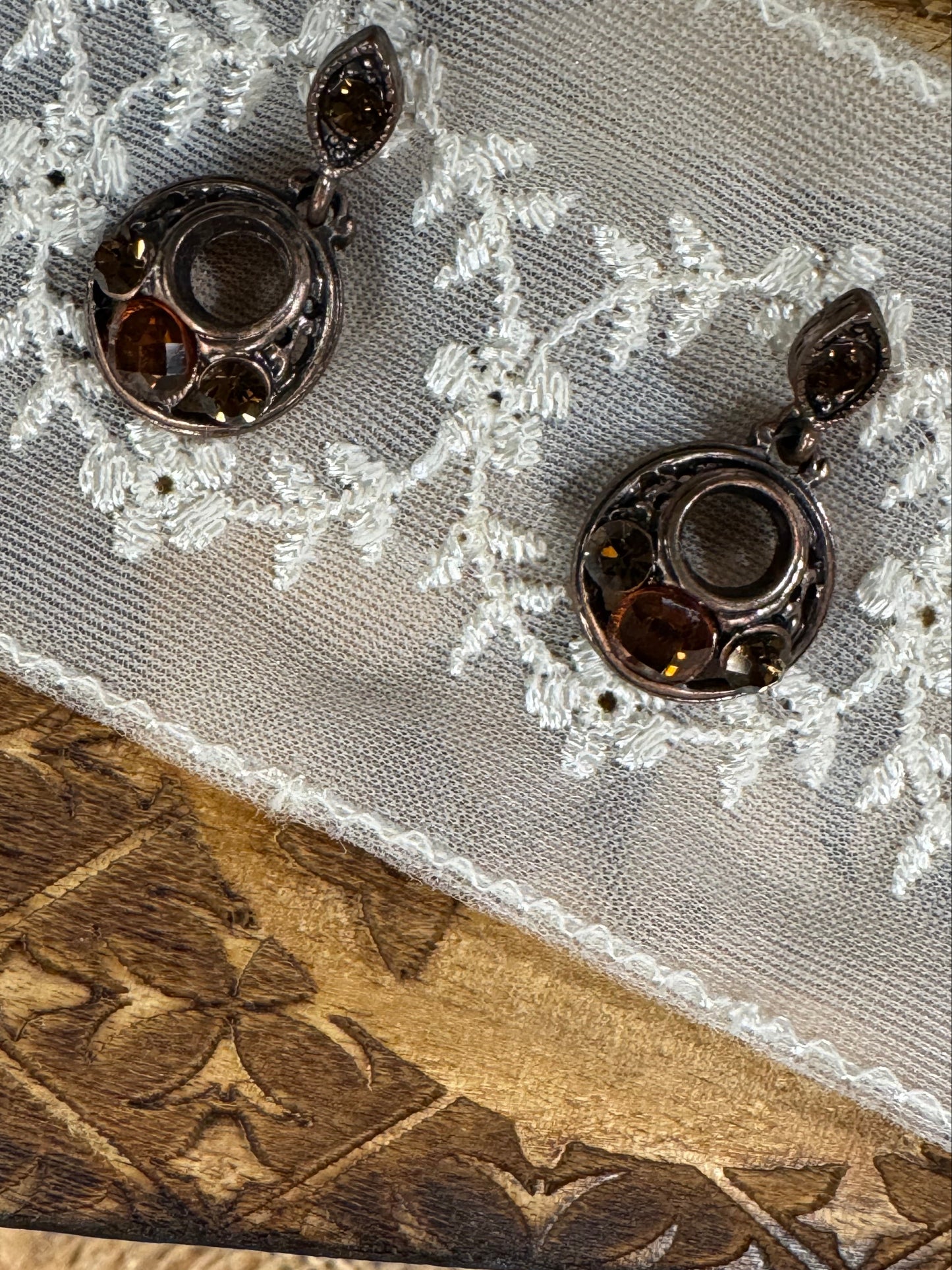 Vintage Smoky Crystal Filigree Dangle Earrings