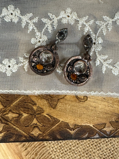 Vintage Smoky Crystal Filigree Dangle Earrings