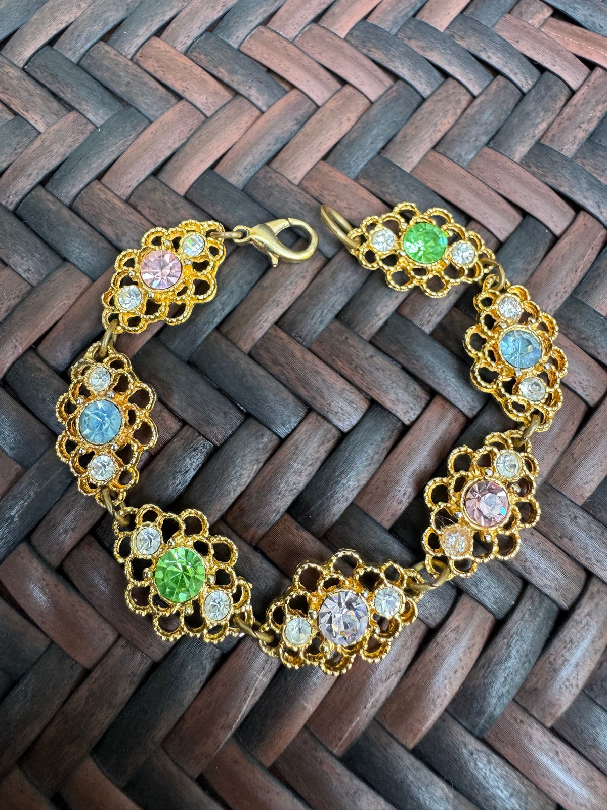 Vintage-Inspired Gold Tone Bracelet with Multi-Colored Rhinestones.