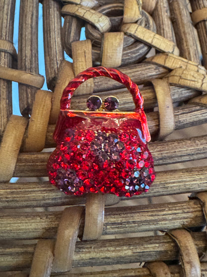 Vintage Gold Tone Handbag Brooch with Red and Black Crystals