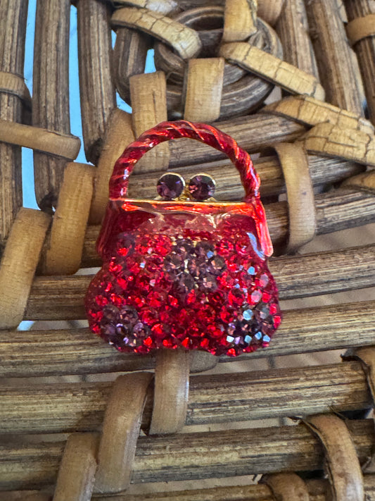 Vintage Gold Tone Handbag Brooch with Red and Black Crystals