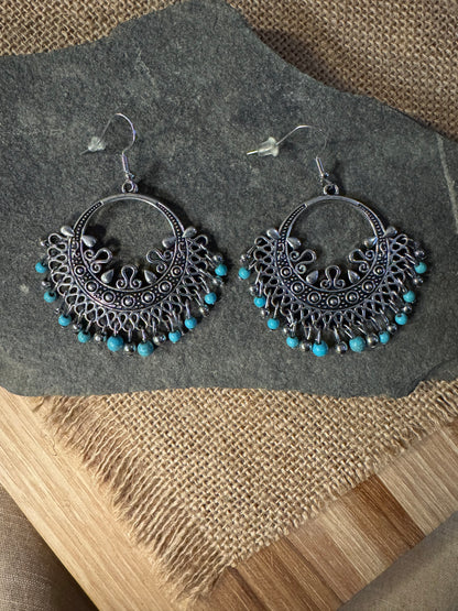 Boho Silver Toned Filigree Turquoise Dangle Earrings