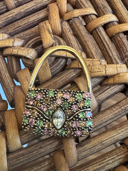 Vintage Gold Tone Handbag Brooch with Green and Pink Crystals