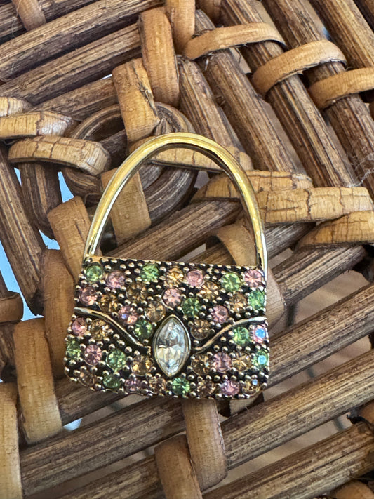 Vintage Gold Tone Handbag Brooch with Green and Pink Crystals