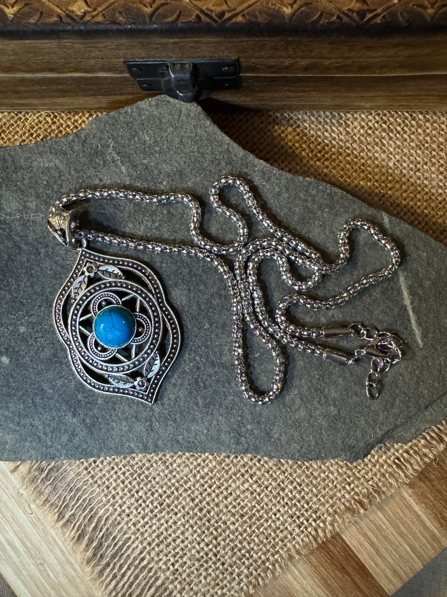 Boho Silver Medallion Turquoise Beaded Pendant Necklace