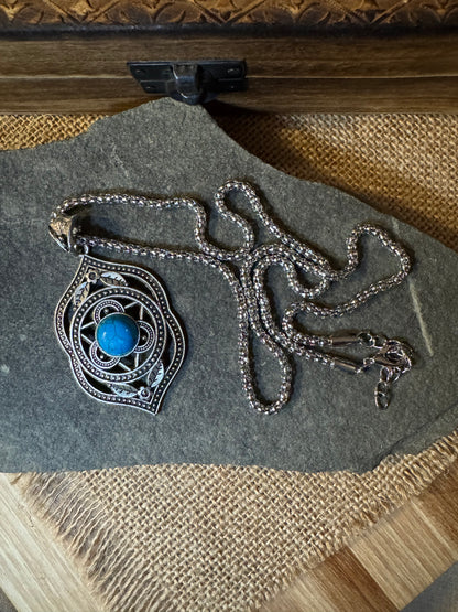 Boho Silver Medallion Turquoise Beaded Pendant Necklace