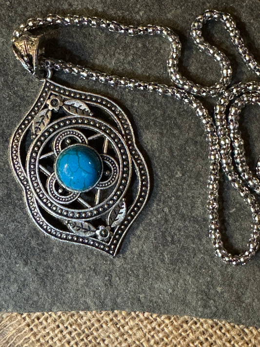 Boho Silver Medallion Turquoise Beaded Pendant Necklace